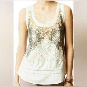 Meadow Rue Beaded Embroidered Tank Top White Gold Pattern Sleeveless – Women XS